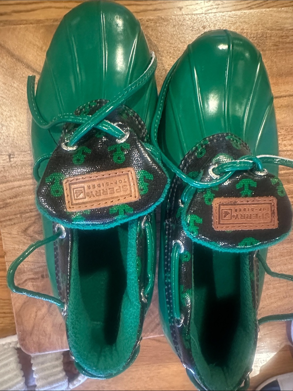 Sperry Green Waterproof Duck Boots with Anchor Print perfect for Alaska cruise.